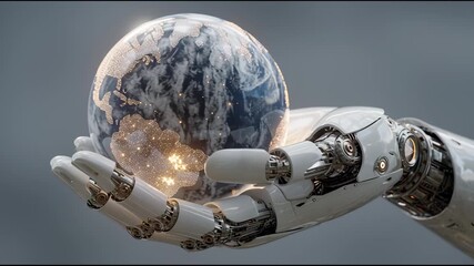 Futuristic robotic hand holding Earth globe with illuminated city lights in space scene - Powered by Adobe