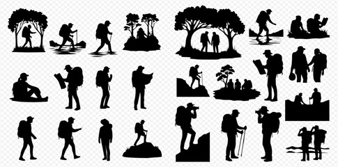 Silhouettes of hikers in various poses, including walking, reading maps, taking photos, and enjoying the scenery.