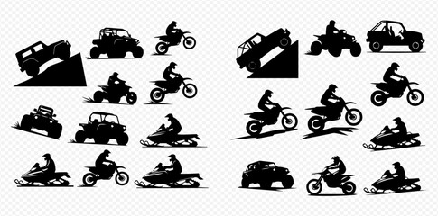 Silhouetted off-road vehicles, including ATVs, motorcycles, snowmobiles, and cars, in a dynamic composition. © Adji