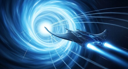 Futuristic spaceship traveling through a glowing blue wormhole in deep space.
