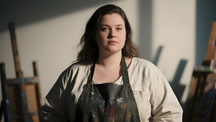 Creative Portrait of Plus Size Woman with Dramatic Lighting in Art Studio Setting