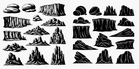 A collection of black and white drawings of various rock formations and cliff faces.