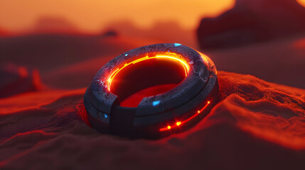 An enigmatic, glowing futuristic device rests a textured red desert, illuminated its own light against an atmospheric, deep orange red backdrop, suggesting alien discovery.