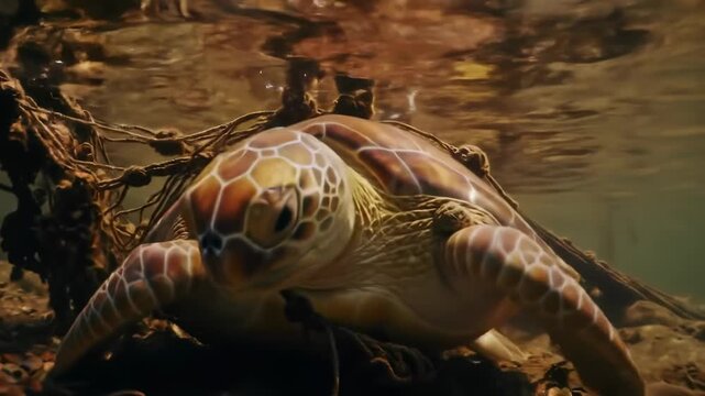 A sea turtle glides underwater, facing the viewer with intricate shell patterns