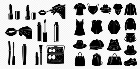 Silhouetted makeup and fashion items: lipstick, mascara, eyeshadow palette, dresses, shirts, hats, bags, and shoes.