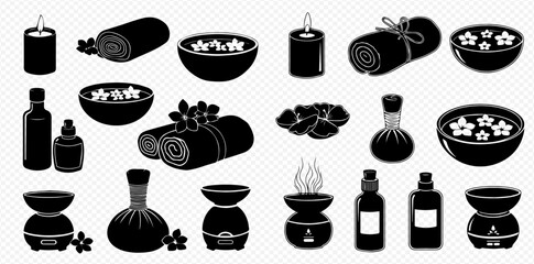 Spa and wellness elements: candles, towels, oils, flowers, and aromatherapy diffusers in a minimalist black and white design.