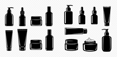 Black cosmetic bottles and jars set, beauty product packaging mockup.
