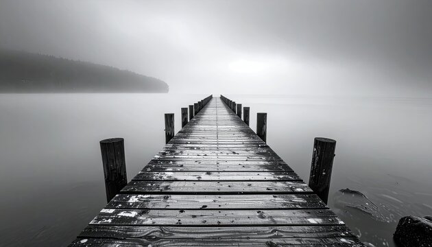 Black and White View of an Old Wooden Pier Stretching into a Misty Ocean on a Foggy Day