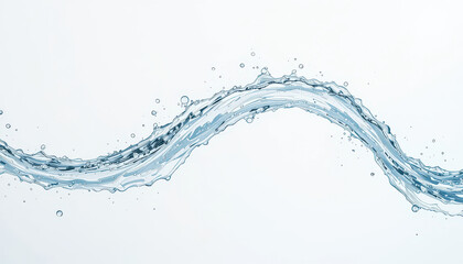 Flowing water splash forming smooth wave on white background symbolizing purity, motion, and freshness, representing clean natural energy and environmental balance in high detail
