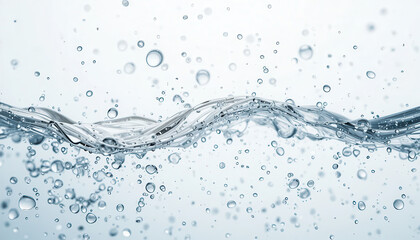 Clear water wave with bubbles in motion on white background symbolizing purity, freshness, and environmental cleanliness, captured in high quality macro photography for natural concept
