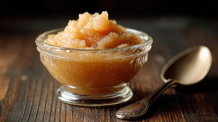homemade apple sauce close-up in rustic glass dish