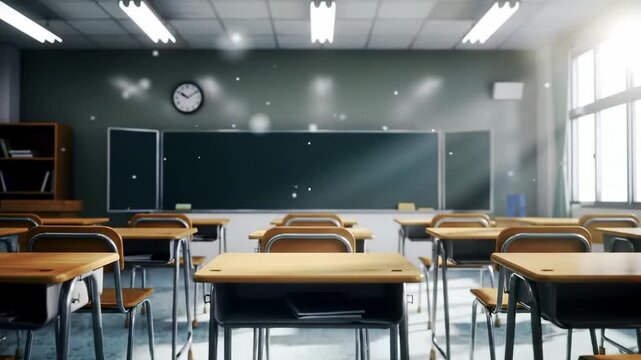 A classroom interior with desks, chairs, chalkboard, bookshelf, and a clock. Sunlight streams in from a window