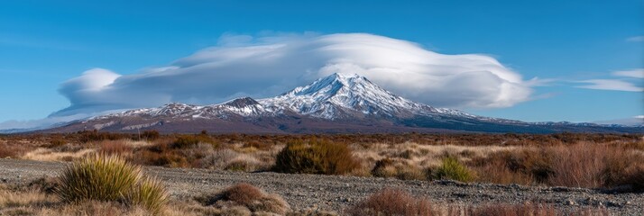 Majestic snow-capped mountain under dramatic cloud formations in a serene landscape