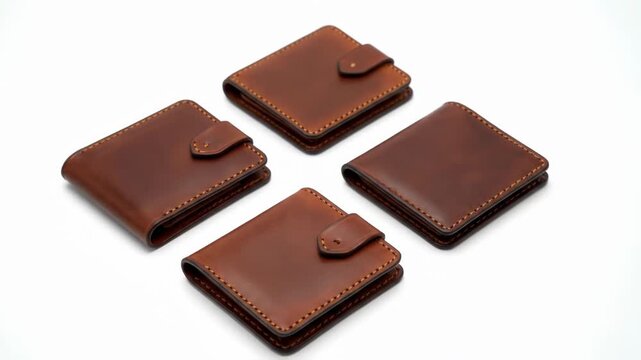 Four brown leather wallets arranged in a square pattern on a white background, showcasing craftsmanship and style.