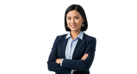 Smiling businesswoman in a dark suit on transparent background