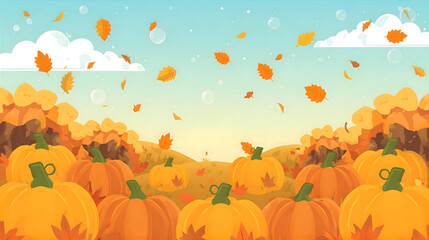 A vibrant autumn scene depicting pumpkins in a field with falling leaves and a blue sky.