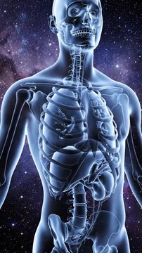 Anatomical Illustration of Human Body Transparent Blue with Galaxy Background Revealing Skeleton and Organs such as Lungs Liver Kidney Spine for Medical and Scientific Visualization