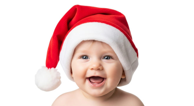 Happy baby wearing Santa hat on a black background