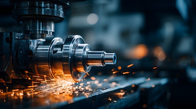 Metal component being machined with sparks flying in a factory.