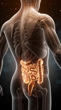 Anatomical Visualization of Human Digestive System with Orange Glow Intestines in Medical Animation with Clear Skeletal Overlay and Internal Organ Details Display on Dark Backdrop