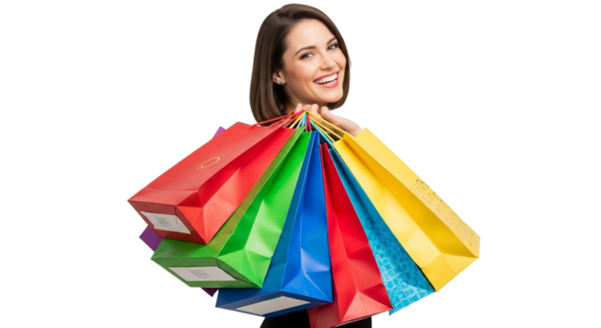 Woman happily carrying colorful shopping bags on transparent background