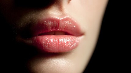 Glossy pink lips with natural texture are illuminated by soft light.