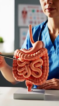 Gastrointestinal Tract Model Presentation by Female Doctor in Blue Uniform Explaining Digestive System Anatomy on White Table with Medical Chart Background in Bright Clinic Room