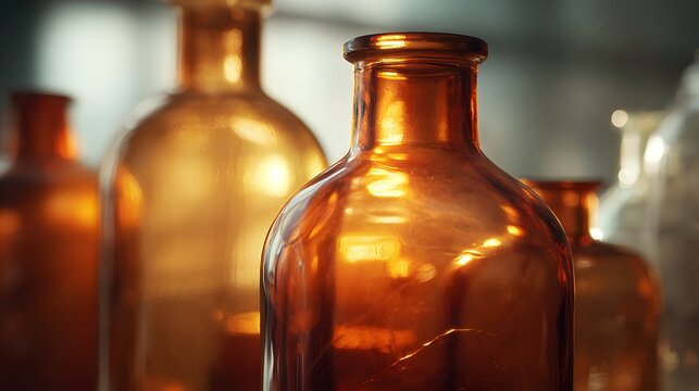 Amber glass bottles glow with warm light and bokeh effect.