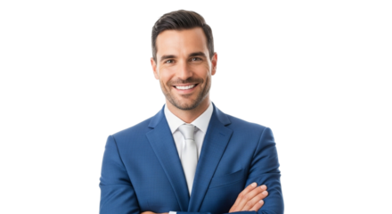 Smiling businessman in a blue suit on transparent background