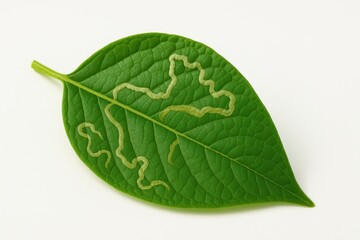 Obraz premium Citrus leaf with winding leaf miner tunnels and blistered trails isolated on white macro plant pest damage for agriculture and botany reference