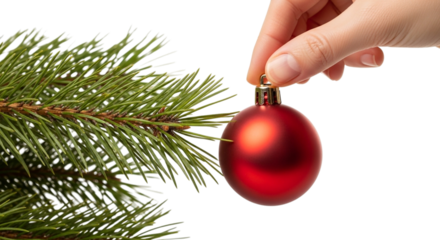 Hand decorating a Christmas tree with a red ornament