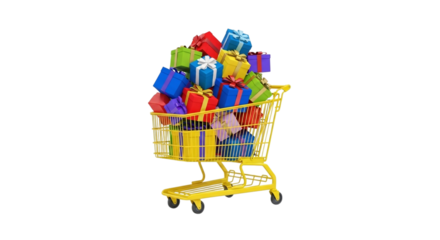 Yellow shopping cart overflowing with colorful gifts on transparent background