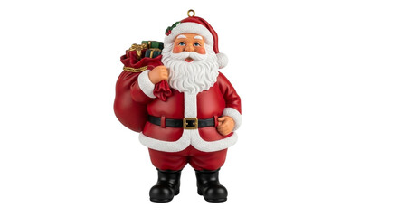 Fototapeta premium Santa Claus figurine with sack of gifts, isolated on black background on transparent background