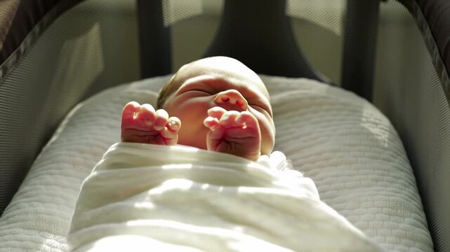 A newborn infant, wrapped in a blanket, rests peacefully, basking in warm sunlight within a bassinet