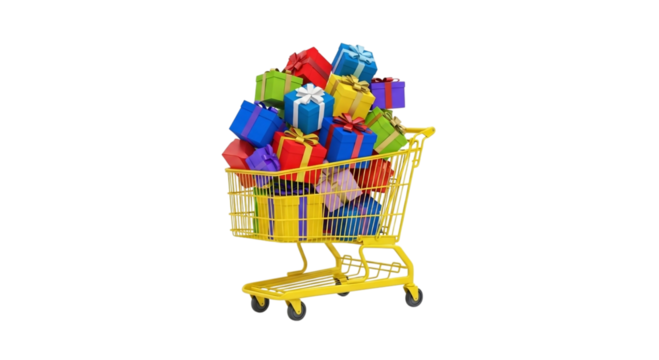 Yellow shopping cart overflowing with colorful gifts on transparent background