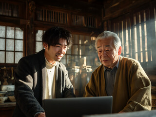 縁側で孫とパソコンを楽しむおじいさん