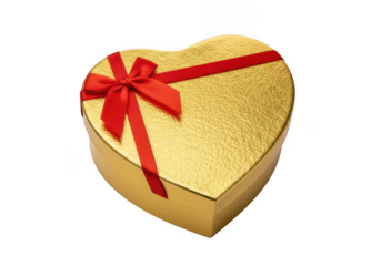 Golden heart shaped gift box with red ribbon for special occasions. Gold heart shaped gift box with red ribbon isolated on transparent background for special occasions and celebrations