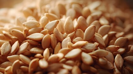 Obraz premium Golden sesame seeds are scattered in a warm, soft light.