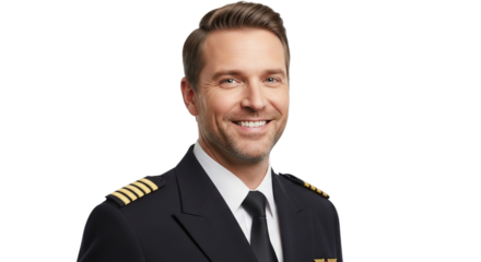 Pilot in uniform smiling, isolated on black background on transparent background