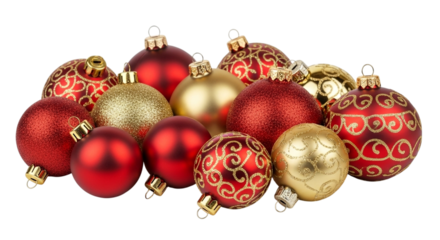 Christmas ornaments with gold and red swirl patterns isolated on black