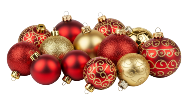 Christmas ornaments with gold and red swirl patterns isolated on black