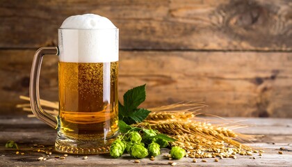 A tall glass mug filled with golden beer and a frothy head sits on a weathered wooden surface. Hops and wheat surround it