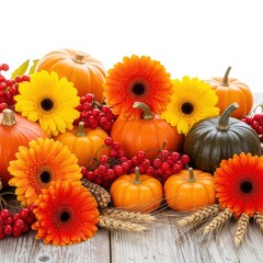 Autumn harvest bounty of pumpkins flowers and berries isolated on white background