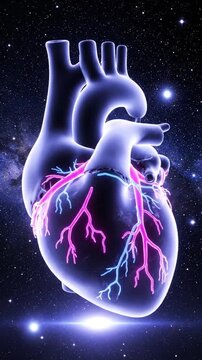 Glowing Heart Animation on Cosmic Background Showing Cardiovascular System Anatomy with Pink and Blue Vessels Medical Visualization Health Awareness and Healthcare Promotion