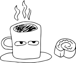 A humorous cup with eyes, filled with hot coffee, accompanied by a cake with frosting. Designed in a grunge style with flowing curved black lines, creating a bold and playful look