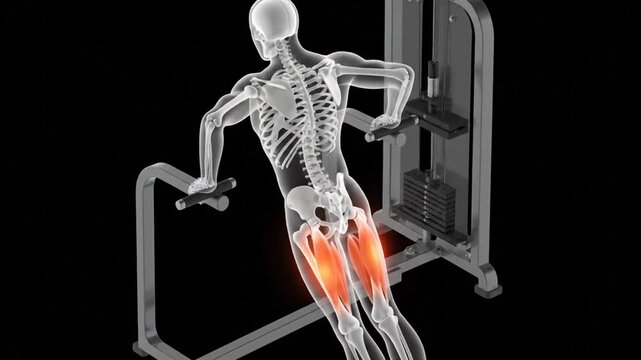Animated 3D Skeleton Demonstrating Dips Exercise, Highlighting Thigh Muscle Activation for Fitness Training.
