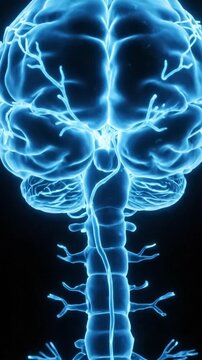 Human Brain and Spinal Cord Anatomy Visualization in Blue Hue on Dark Background Exploring Neural Pathways and Brain Function with Detailed 3D Rendering for Medical Education and Research