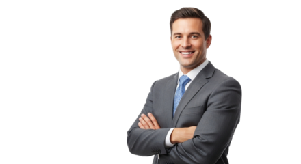 Man in a suit with arms crossed, smiling on transparent background
