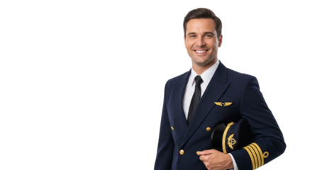 Smiling male pilot holding cap in uniform with wings emblem on black background