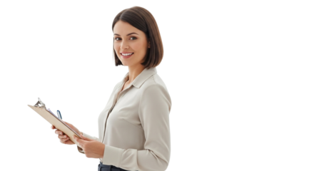 Woman in business attire holding a clipboard and pen on transparent background